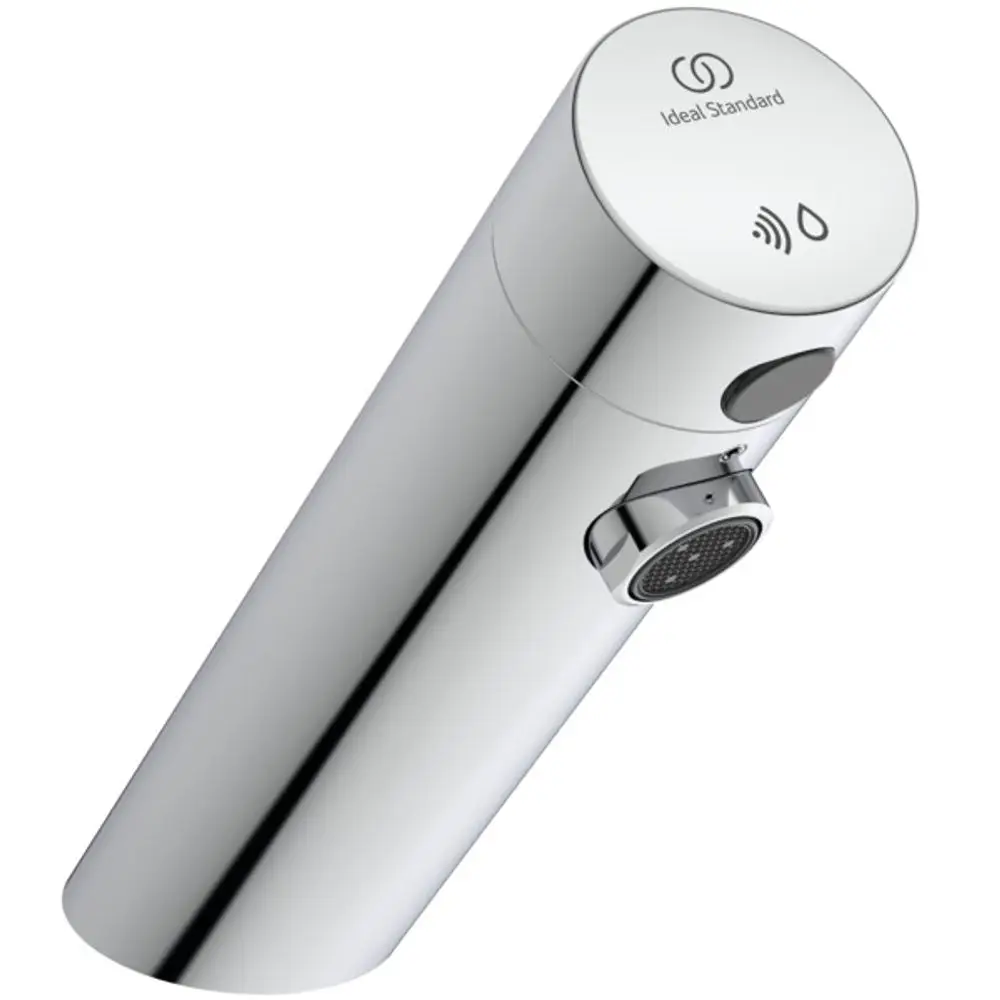 Sensorarmatur in Chrom aus dem Hause Ideal Standard, mit Hände-erkennendem Sensor zur berührungslosen Bedienung. Entwurf in schlanker, zylindrischer Form.